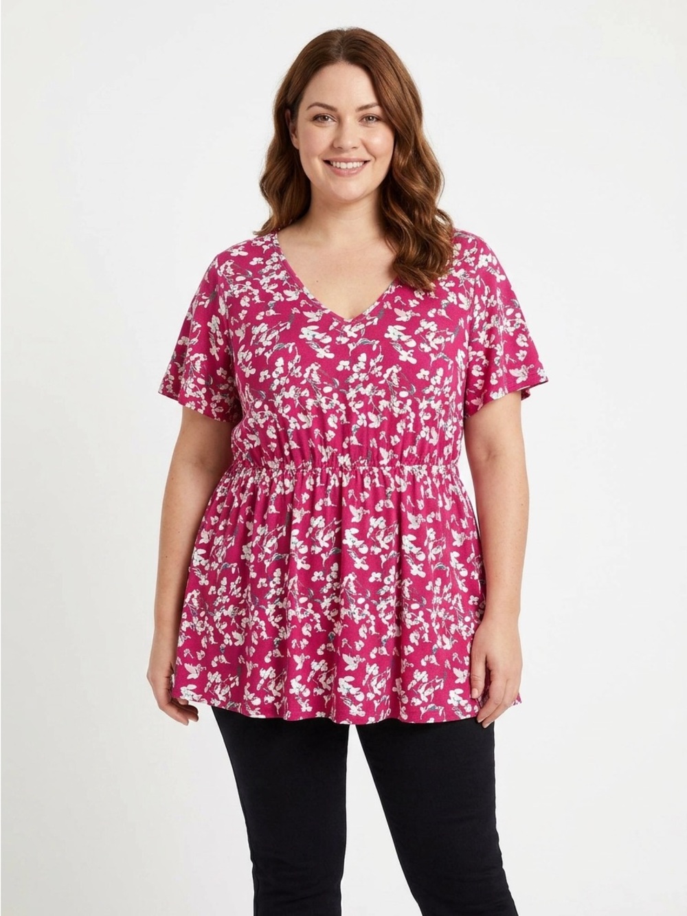 BloomChic Magenta Floral V-Neck Peplum Top